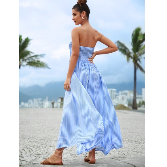 Striped Blue White Maxi Dress Strapless - Picture 2 of 6